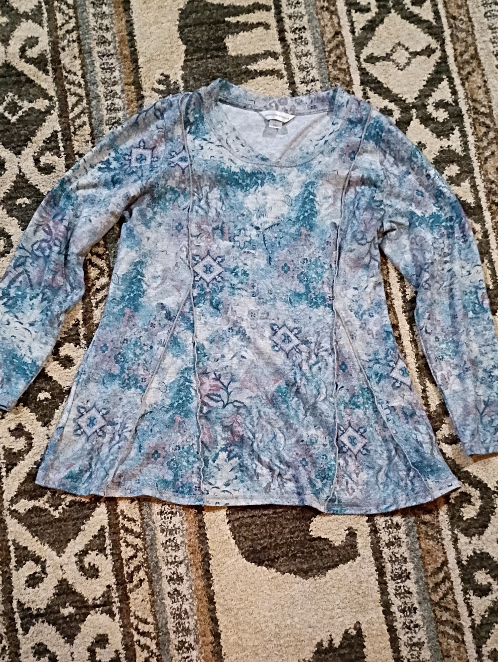 Christopher & Banks Women's Blue Floral-Print Long Sleeve Top